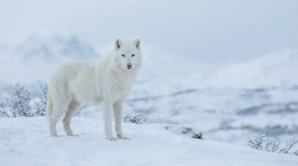 White wolf in snow representing wolf spiritual meaning and purity.