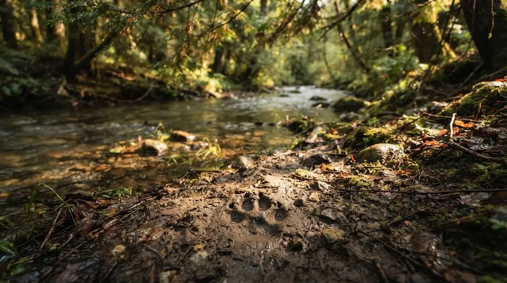 Wolf paw print near a stream, symbolizing wolf spiritual meaning and instinct.