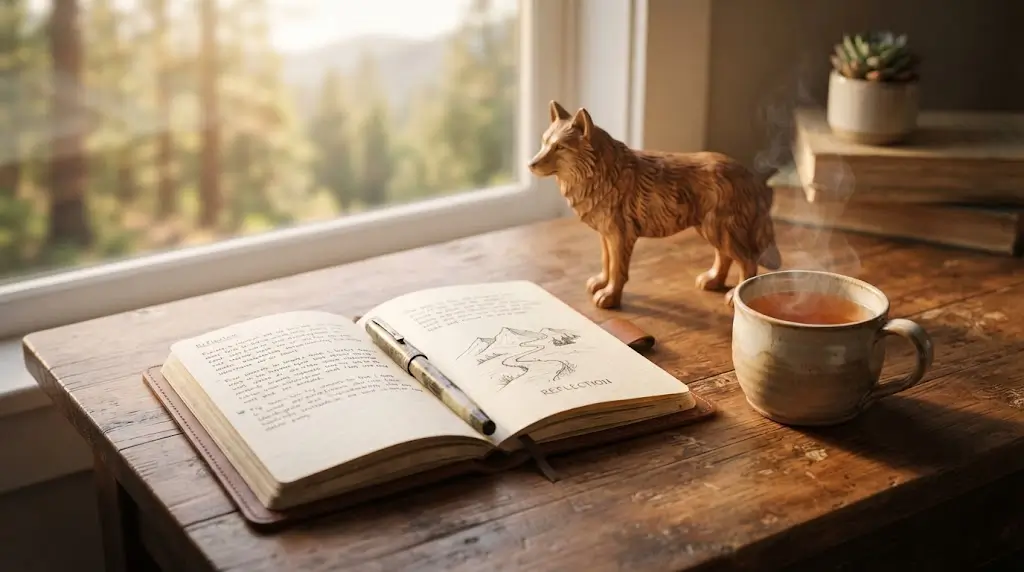 Journal and wolf figurine, symbolizing personal reflection on wolf spiritual meaning.