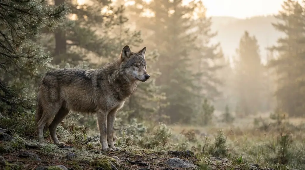 Lone wolf at forest edge representing wolf spiritual meaning and instinct.