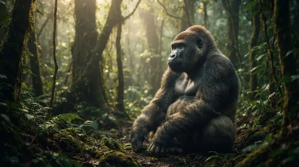 Calm, watchful ape in dappled forest light, representing dreaming apes symbolism