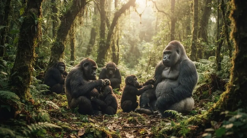 Group of apes together in a forest clearing, representing social themes in dreaming apes