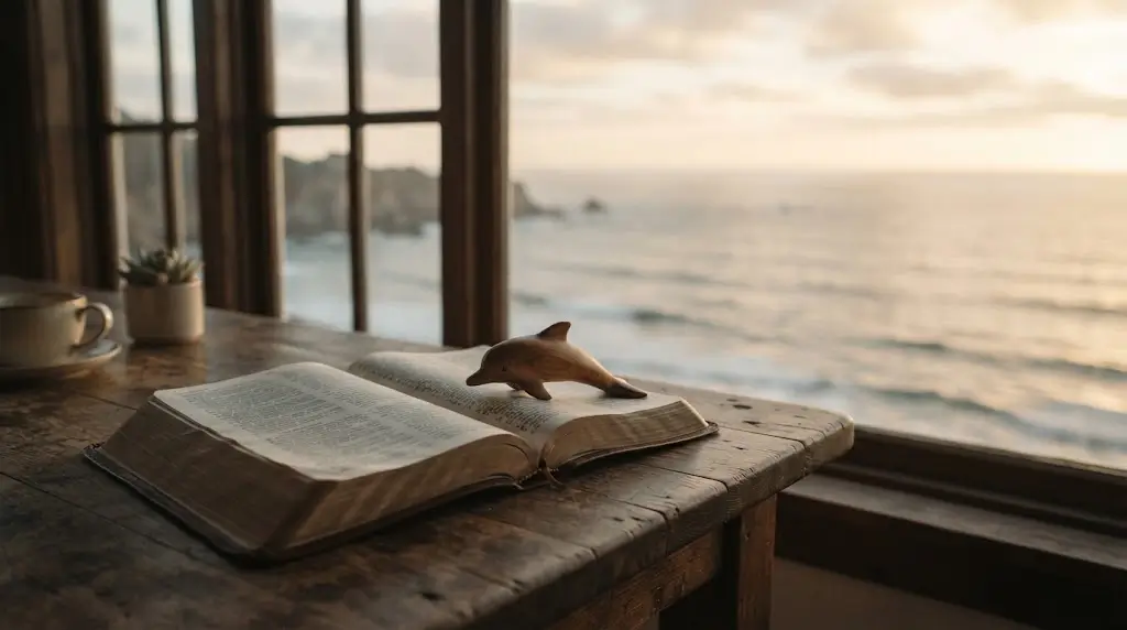 Bible near ocean window representing the biblical view of dolphin spiritual meaning