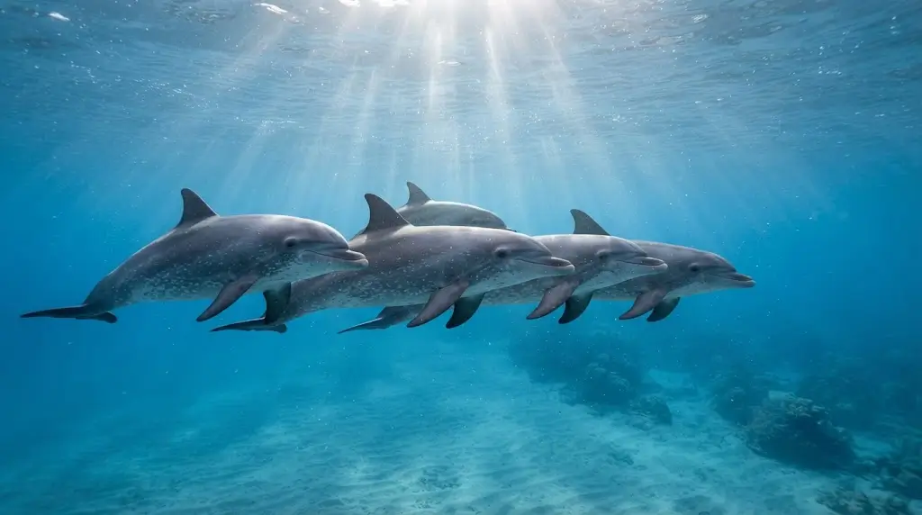  Pod of dolphins swimming together in clear water