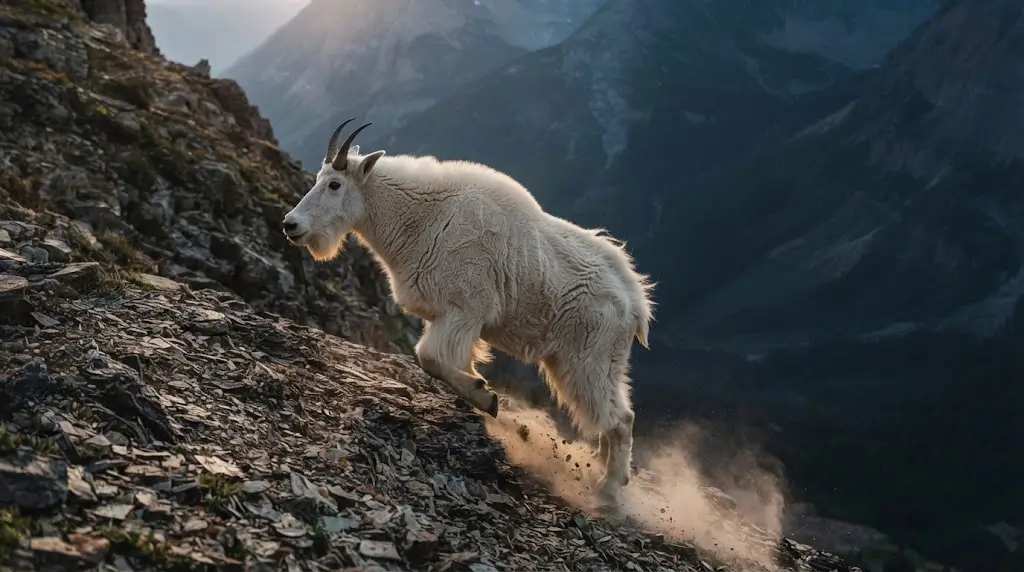 Goat climbing a steep rocky slope, representing perseverance in goat spiritual meaning