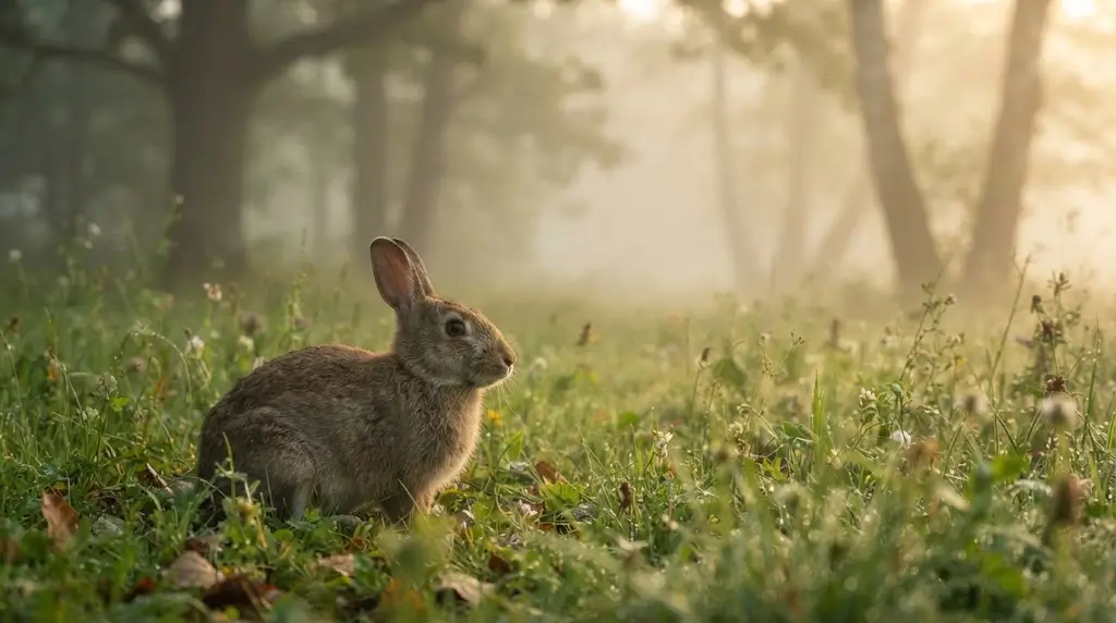 Small rabbit sitting calmly in soft morning light, representing rabbit spiritual meaning.