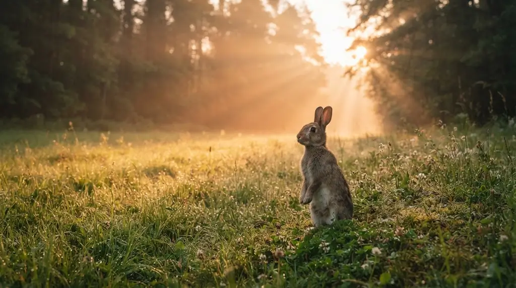  Rabbit standing at the edge of a meadow at sunrise, symbolizing growth and new beginnings.