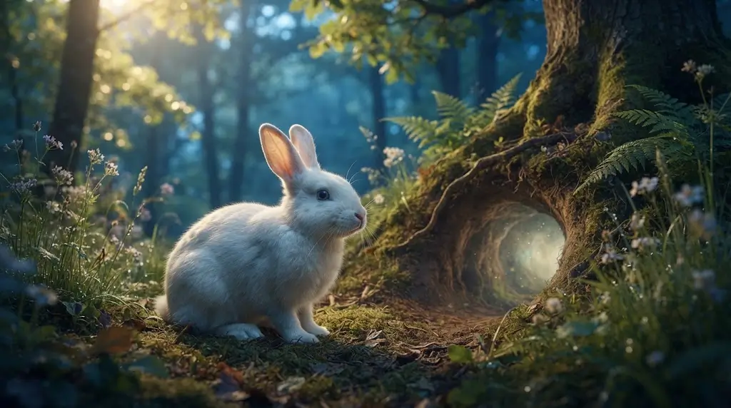 White rabbit sitting near a burrow entrance at dusk, representing protection and rabbit spiritual meaning.