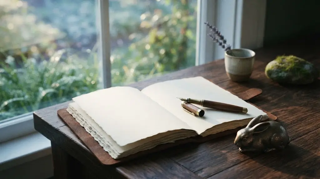Open journal on a wooden table, representing reflection on rabbit spiritual meaning.