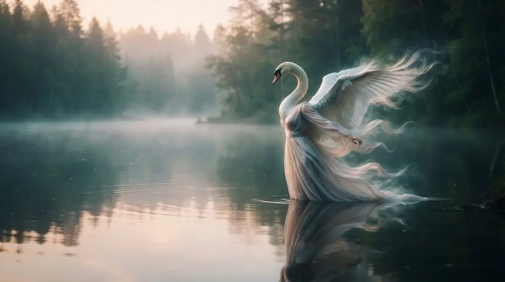 Swan with wings spread at the water's edge, representing transformation in swan spiritual meaning