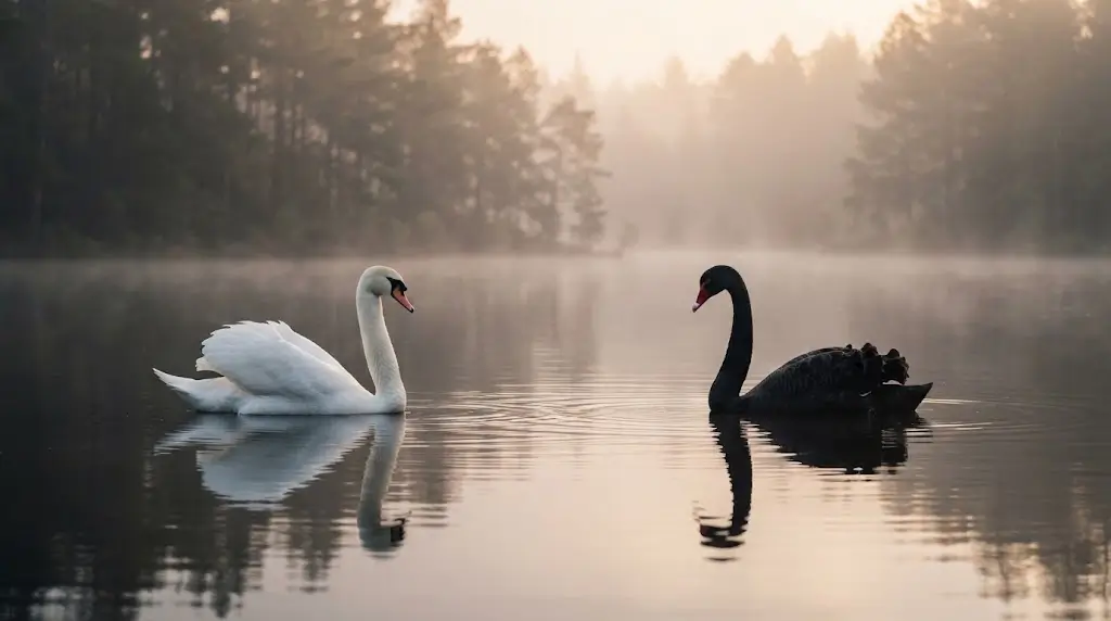 White and black swan together on a lake, representing swan spiritual meaning by color