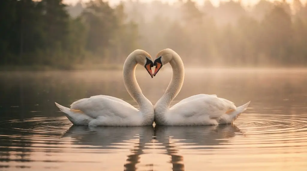 Two swans forming a heart shape on the water, representing love and loyalty in swan spiritual meaning