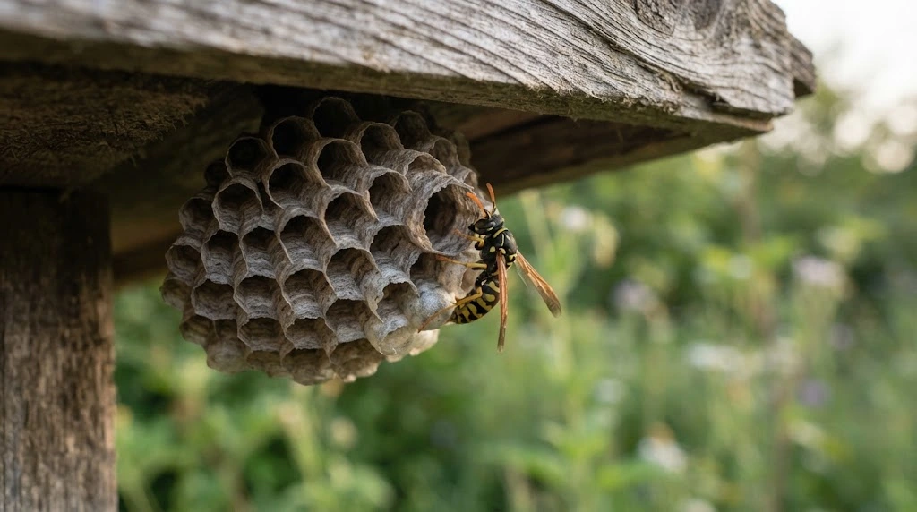 Wasp guarding the entrance of its nest, symbolizing protection within wasp spiritual meaning.