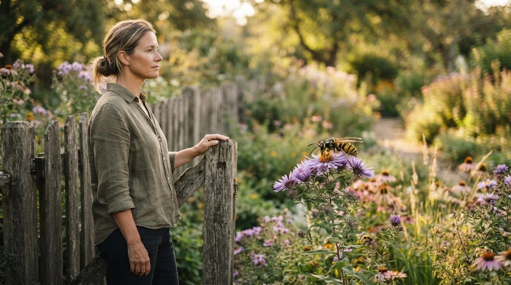 Person standing calmly near a wasp on a flower, representing boundaries within wasp spiritual meaning.