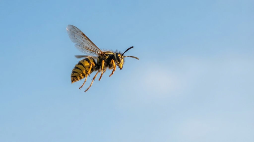 Wasp in flight against a clear sky, representing action and wasp spiritual meaning.