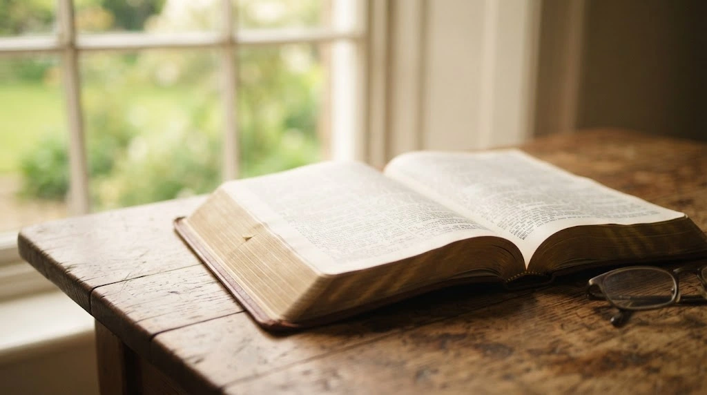 Open Bible in soft window light, representing biblical reflection on wasp spiritual meaning.
